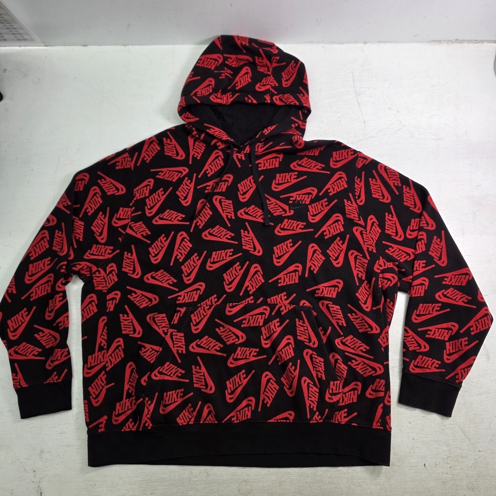 Nike Sportswear Hoodie XXL Black Red All Over Print AOP Logo Fleece Pullover EUC